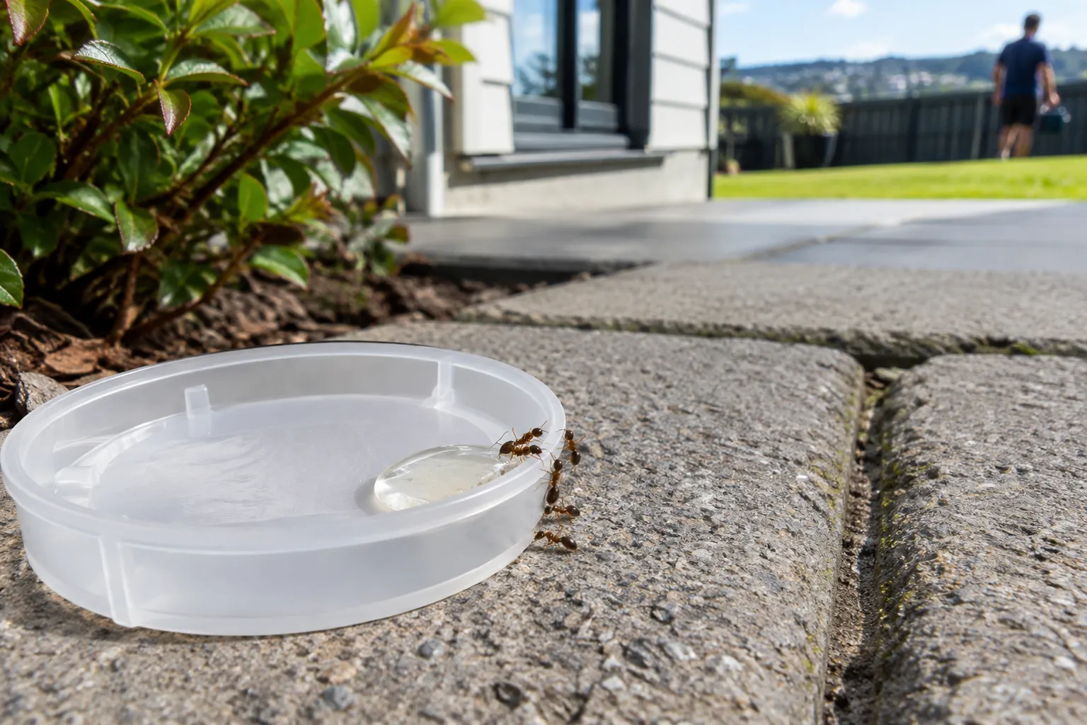 A few tiny ants feeding from a drop of liquid bait in a small plastic tray