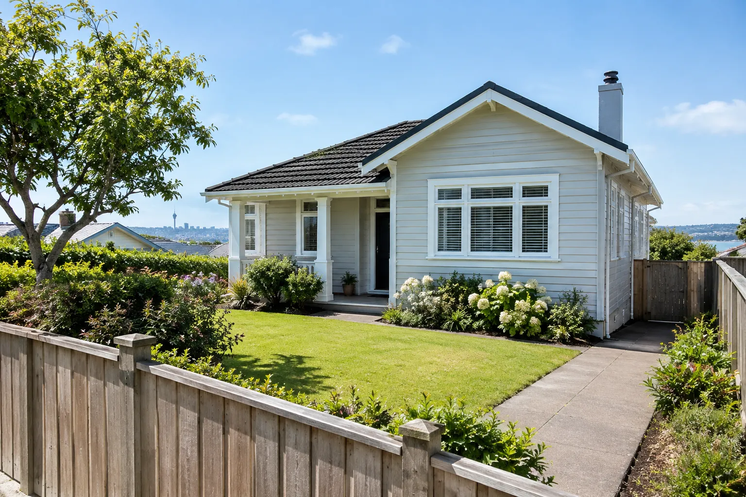 A single-storey weatherboard bungalow with a front garden and paved path