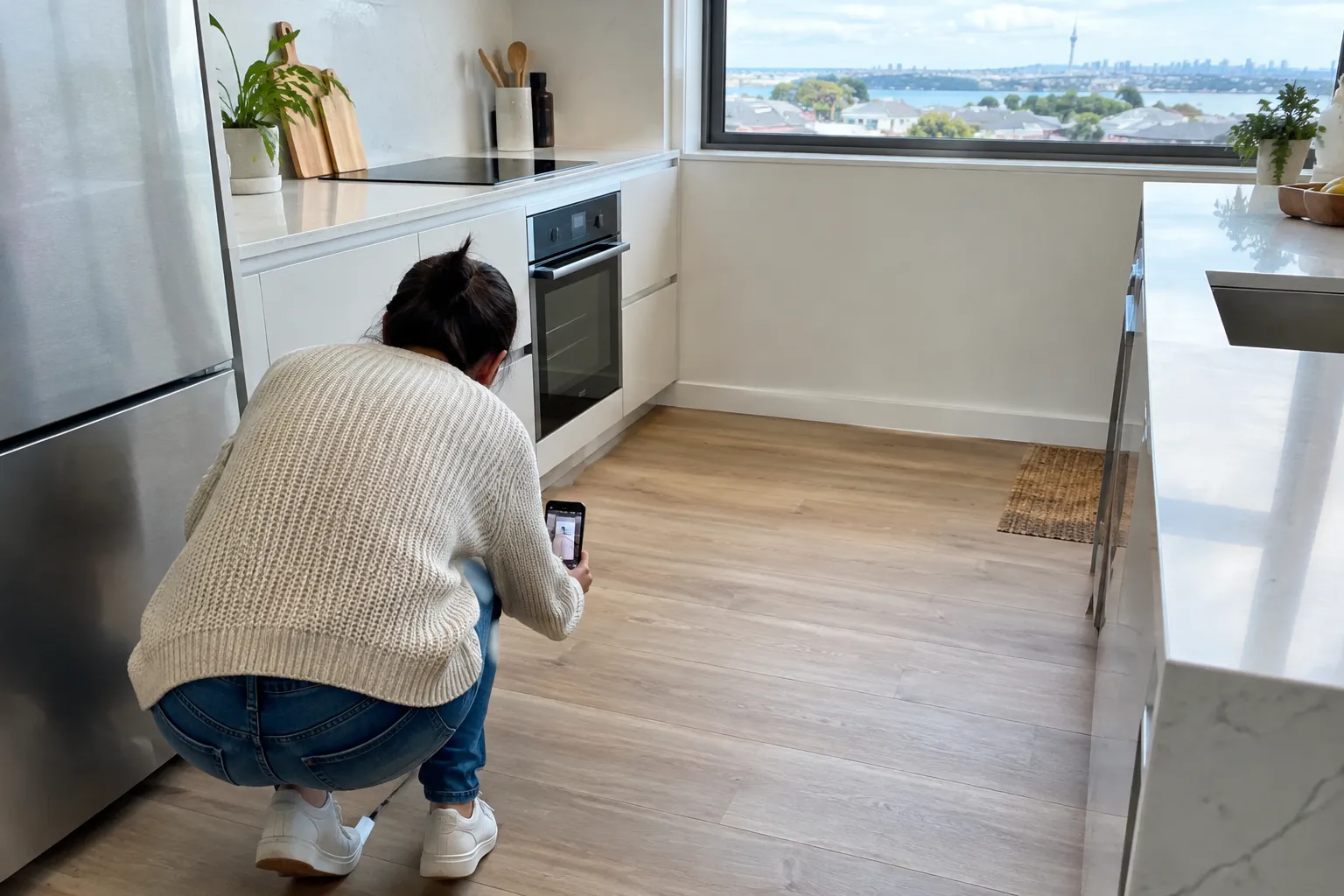 A person seen from behind photographing the base of a kitchen cupboard with a phone