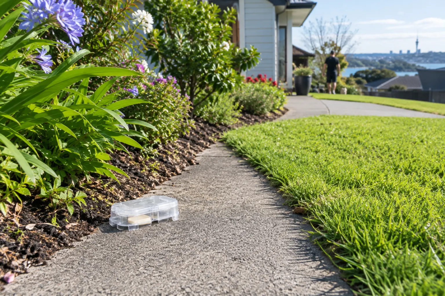A small plastic ant bait station on a garden path beside a flower border