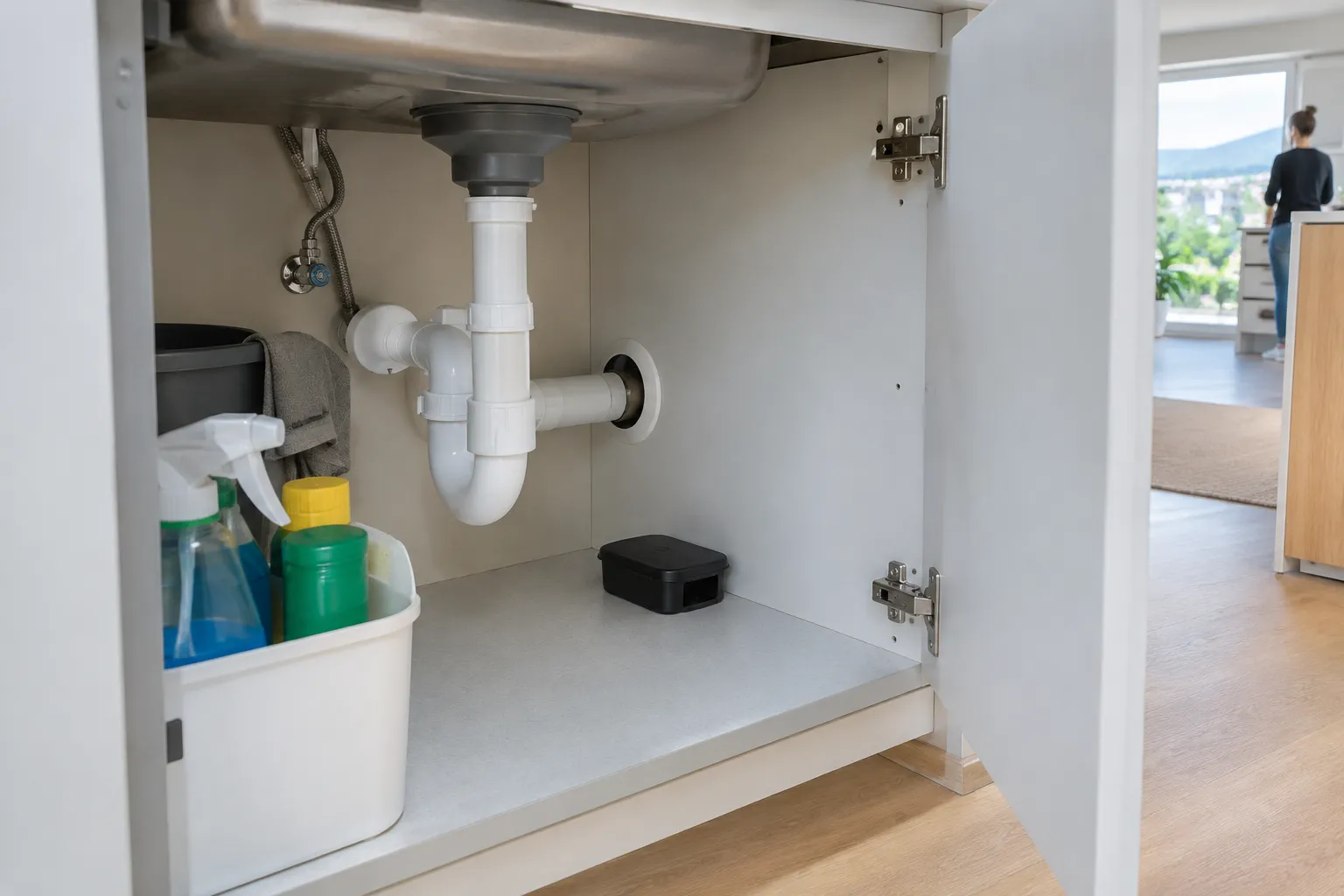 An open cupboard under a kitchen sink with a small bait station near the pipes