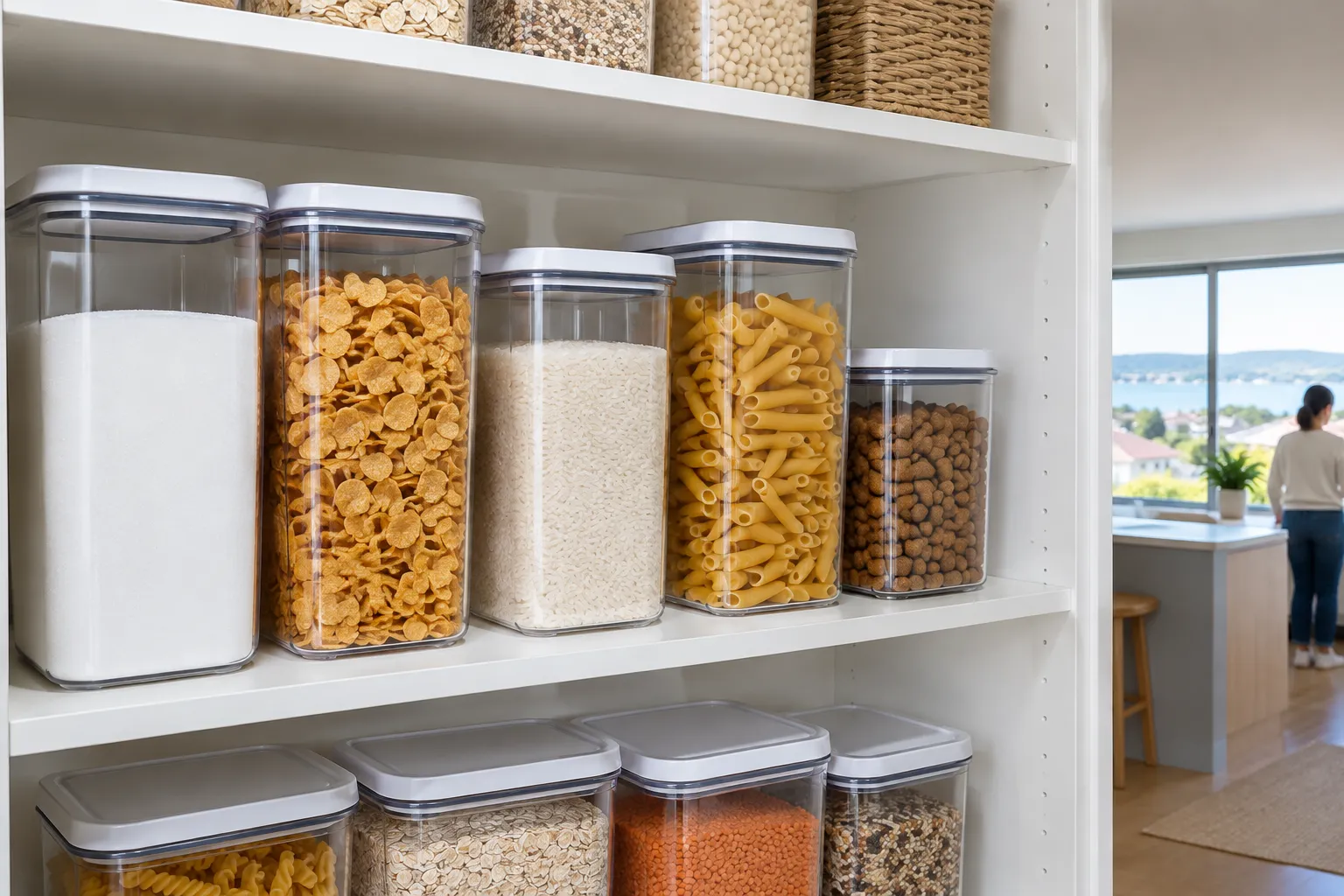 Pantry shelf of dry food in clear airtight containers with sealed lids